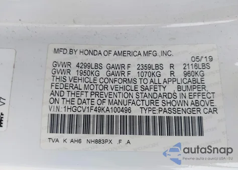 2019 Honda Accord Ex from USA, damaged, VIN 1HGCV1F49KA100496
